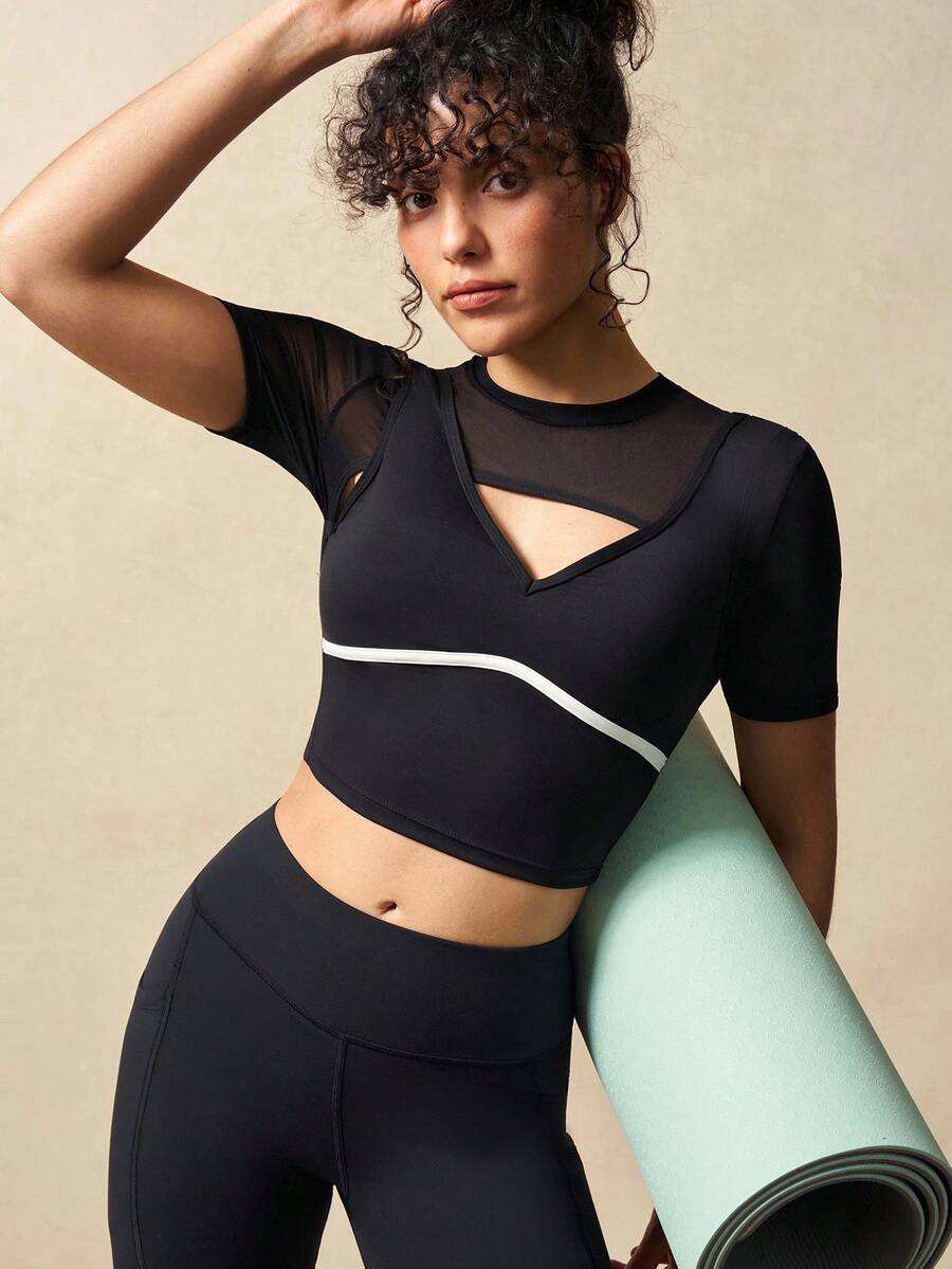 VARSIVA Women's Casual Sports Mesh Patchwork Round Neck T-Shirt - Black - View 1