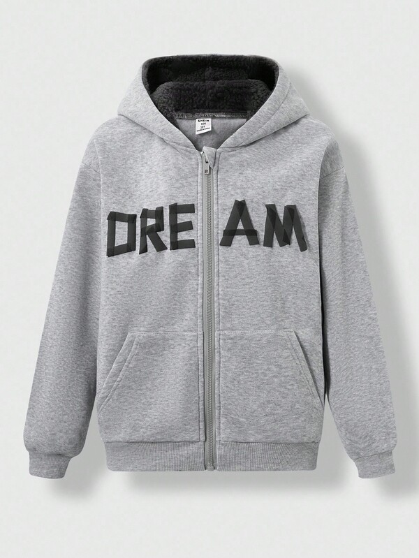 1pc Teenage Boys' Fleece Lined Gray Casual Pullover Hoodie Sweatshirt, Loose Fit Retro Design, Multi-Color Letter Print, Front Zipper Closure, Suitable For Outings, Back To School, Autumn/Winter/Spring Fall