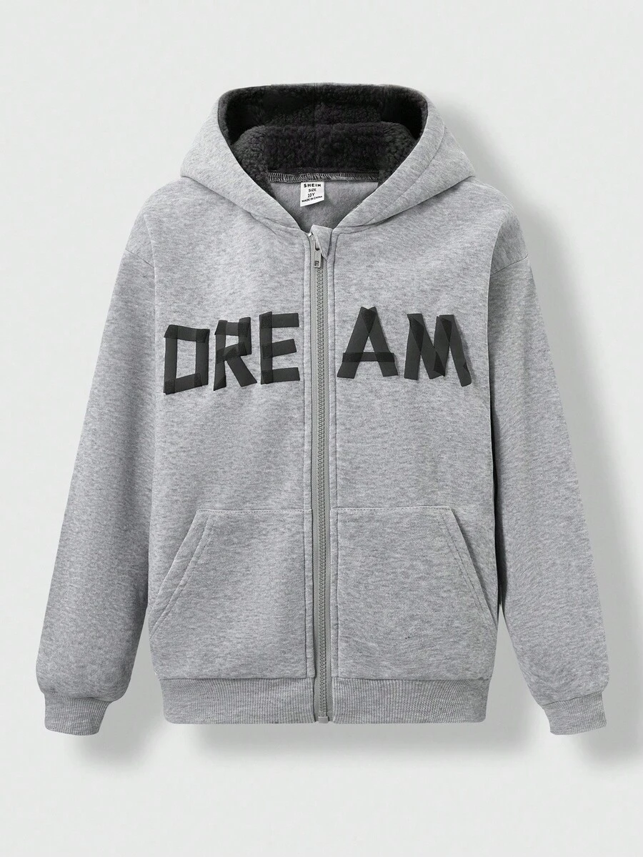 SHEIN Explorewe 1 pieza Sudadera con capucha casual gris con forro térmico para niños preadolescentes, diseño retro de ajuste holgado, estampado de letras multicolor, cierre con cremallera frontal, adecuado para salidas, regreso a la escuela, otoño/invierno/primavera - Gris - Ver 1