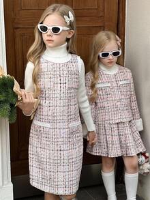 SHEIN Elladie kids 年轻女孩可爱蓬松白色袖口粉色闪光胸袋夹克搭配百褶运动裙套装 - 粉色 - 查看 4