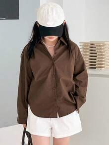 DAZY Tween Girls Casual Shirt With Backside Cutout And Bow Design, Versatile And Fashionable For Everyday Wear Long Sleeve Tops Girl - Brown - View 2