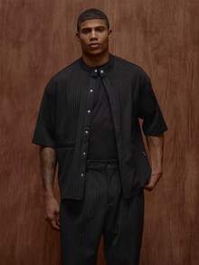 Musero Short Sleeve Smart Tailored Style Pin Stripe Shirt Button Detailing Branded Woven Tag Fall/SPRING SUMMER Tailoring - Black and White - View 5