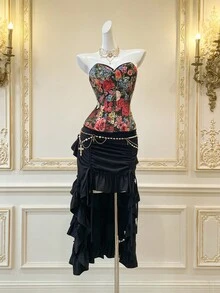 SHEIN MOD Women's Black Floral,Summer,Vintage,Date Night Corset,Goth Cami,Night Out,,Christmas,Halloween,Birthday,Concert,Embroidered Flower Crop Top - Black - View 3