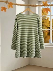 EMERY ROSE Plus Size Going Out TopsWomen Casual Striped Print Long Sleeve Loose T-Shirt, Winter Clothes For Women Long T Shirt For Women - Army Green - View 2