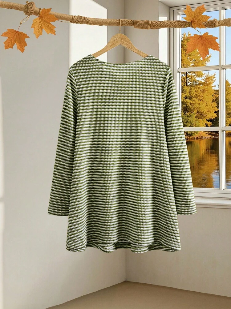 Plus Size Going Out TopsWomen Casual Striped Print Long Sleeve Loose T-Shirt, Winter Clothes For Women Long T Shirt For Women