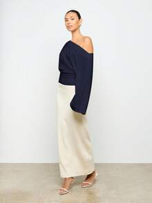 AiiRZ 棉质超大露肩蝙蝠袖束身衣上衣垂坠晚会场合衬衫优雅蝙蝠袖合身腰部个性单品戏剧性设计时尚上衣 - 藏蓝色 - 查看 3