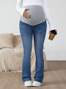 SHEIN 孕妇装 秋季 秋冬 万圣节 圣诞节 国庆节 2000年代 街头风 生日 夜店 外出 俱乐部 裤装 机场 商务休闲 女装 乡村 复古 朴素 老钱 商务休闲 女装 工作 女教师 教堂 女装 保暖内衬牛仔裤 休闲水洗喇叭蓝色牛仔裤 时尚孕妇喇叭牛仔裤 女款罗纹高腰拼接弹力牛仔喇叭裤 适合准妈妈 - 藍色 - 查看 3