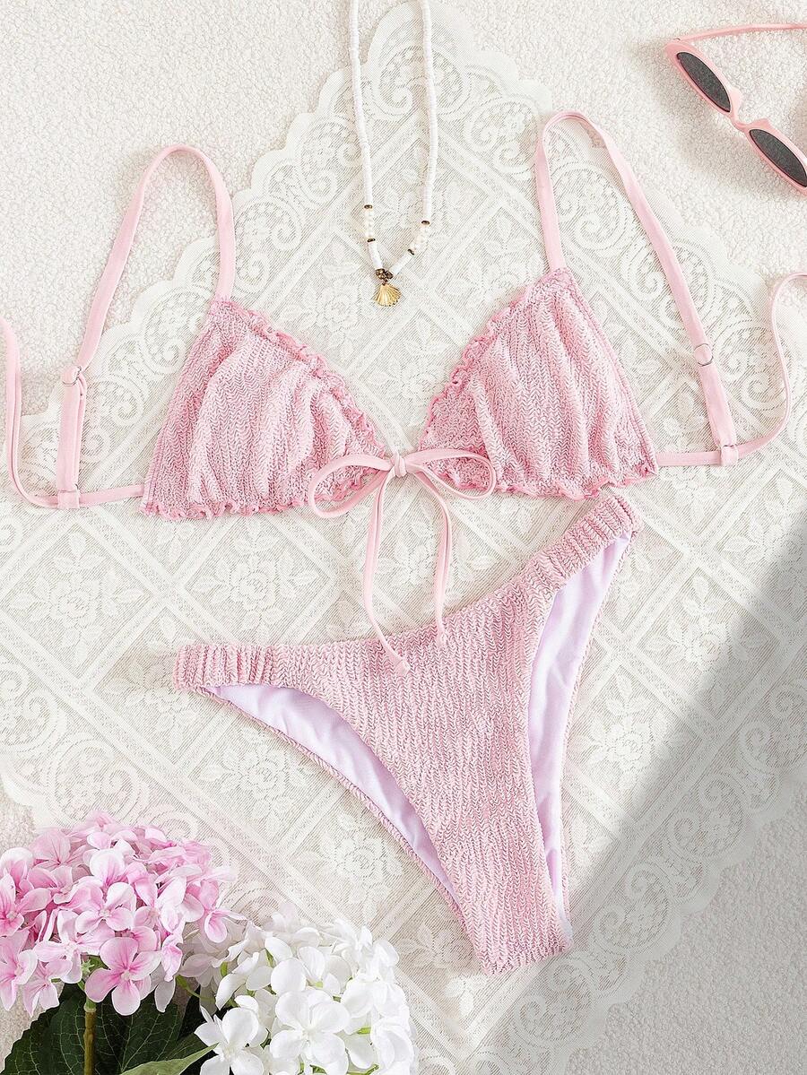 SHEIN Swim Bộ bikini 2 mảnh xếp nếp thắt nơ phía trước eo xếp ly thời trang dự tiệc năng động dễ thương ngọt ngào - Hồng - Xem 1