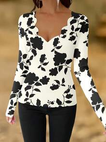 SHEIN LUNE Women's Elegant Shell Trim V-Neck Long Sleeve Fitted Turtleneck T-Shirt, Suitable For Daily Wear, Autumn/Winter - Black and White - View 3