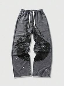 ROMWE MEN Street Life Men's Fashion Virgin Mary Print Rhinestone Sweatpants - Grey - View 1