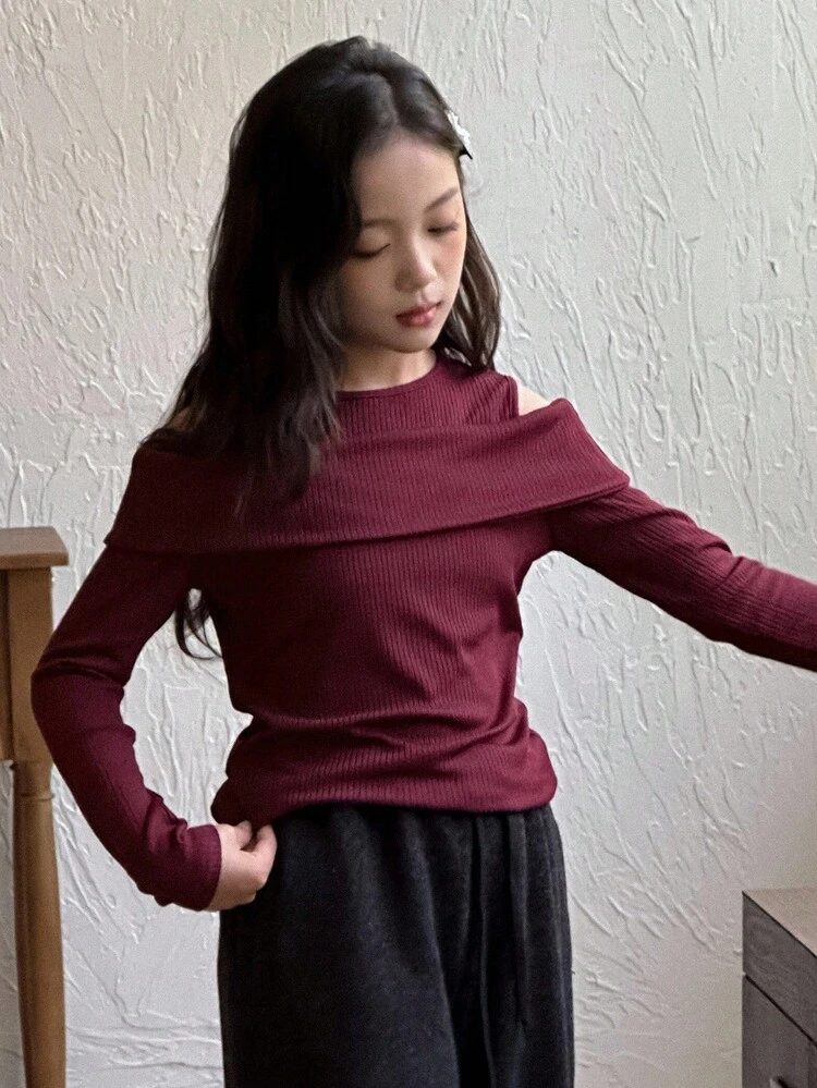 Tween Girls' Casual Solid Color Off-Shoulder Long Sleeve T-Shirt, Autumn