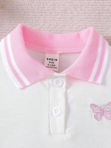SHEIN 女婴休闲蝴蝶结刺绣马球领连衣裙，夏季 - 白色 - 查看 4
