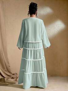 SHEIN Tall Áo khoác cardigan dệt họa tiết tay dài cỡ lớn cho nữ có thắt lưng buộc, thiết kế viền nhún bèo tương phản, chân váy maxi cạp chun, bộ 2 món phong cách Pháp thanh lịch lãng mạn - Màu xanh Bạc hà - Xem 2