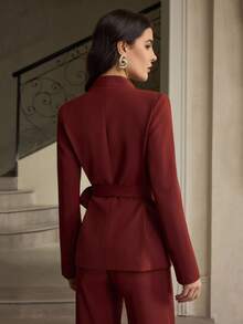 ZEYLAH Chaqueta blazer de mujer con mangas largas, unicolor, con decoración de lentejuelas florales y lazo lateral, para otoño - Rojo - Ver 3