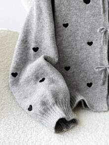 SHEIN Tween Girls' Loose Casual Minimalist Comfortable Round Neck Long Sleeve Tie Bow Heart Cardigan, Back To School Season Fall Winter - Light Grey - View 4