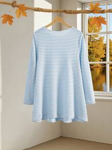 EMERY ROSE 加大码外出上衣女士休闲条纹印花长袖宽松T恤，女士冬季服装 - 淺藍色 - 查看 2