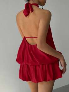 Aloruh 女式纯色荷叶边下摆挂脖迷你连衣裙 - 紅色 - 查看 3