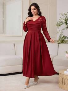 Modelyn Lace Patchwork Long Sleeve Solid Color Waist Cinched Plus Size Dress For Women - Burgundy - View 3