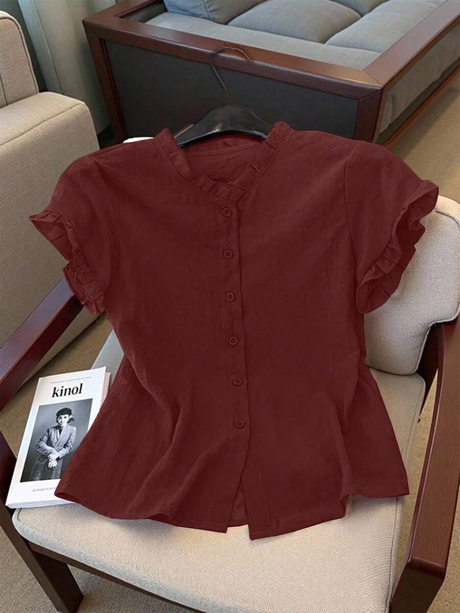 女士休闲纯色短袖衬衫，夏季 - 玫瑰紅 - 查看 1