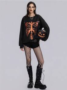 Breakform 女士时尚深色哥特式万圣节骷髅印花圆领落肩宽松休闲运动衫 - 黑色 - 查看 7