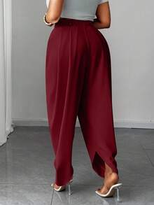 大码时尚褶裥杏色口袋长裤 - 酒紅色 - 查看 2