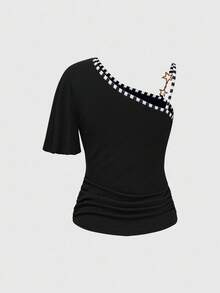 ROMWE J-Fashion 复古十字水钻和金箔印花褶皱腰复古拼色黑白条纹饰边金色星星肩带不对称 T 恤 - 黑色 - 查看 2