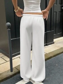 SHEIN EZwear White Women's Casual Loose Front Tie Sweatpants, Suitable For Everyday Wear And Back To School Season, Autumn/Winter,Fall - White - View 2