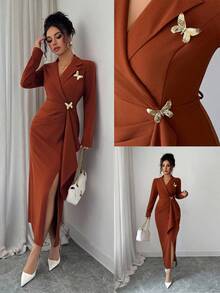 Elenzga Váy dài tay thêu họa tiết bướm nâu cài nút kim loại xếp ly, kiểu Pháp thanh lịch tinh tế cho quý cô công sở, váy ôm eo thon gọn mùa thu/đông - Rỉ Nâu - Xem 1