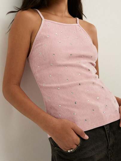 Nöista Nöista Light Pink Velvet Camisole With Thin Straps And Scattered Rhinestone Embellishments. Perfect For A Soft Feminine Style, Offers A Playful Sparkle, And Ideal For Both Party Layering And Casual Chic Outfits.