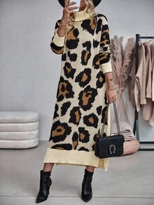 EMERY ROSE Women's Fashionable Casual Leopard Print Turtleneck Sweater Dress - Multicolor - View 6