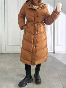 EURMUSE 女士纯色加厚前拉链按扣拉链口袋中长款冬季外套冬季夹克休闲 - 駝色 - 查看 7