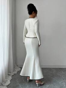 Elenzga Elegant Collared Contrast Ruffle Butterfly Button Decor Fitted Jacket, Contrast Ruffle Mermaid Hem Skirt - Apricot - View 2