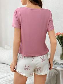 Bow & Letter Print Short Sleeve Shorts Pajama Set - Multicolor - View 2