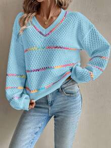 EMERY ROSE Loose Fit Striped Knit Sweater For Women, Autumn/Winter - Baby Blue - View 3