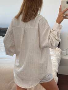 Livesso Casual Vintage Coin Loose Striped Long Sleeve Women Shirt, Spring/Summer - Apricot - View 2