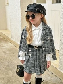 SHEIN Elladie kids Bộ đồ cho bé gái gồm áo sơ mi màu trắng bạc dễ thương phối cùng áo khoác chấm bi đen trắng và chân váy xếp ly kiểu dáng thường ngày, thích hợp cho mùa thu/đông. - màu đen - Xem 6