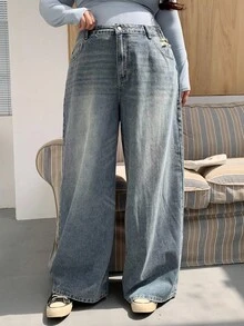 Dazy Plus Plus Size Distressed Washed Wide-Leg Boyfriend Jeans,Baggy Jeans