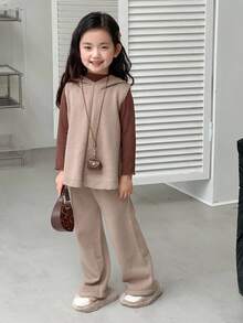 DAZY 2pcs Young Girl Girls Hooded Sweater Vest + Fleece Pants Set, Autumn