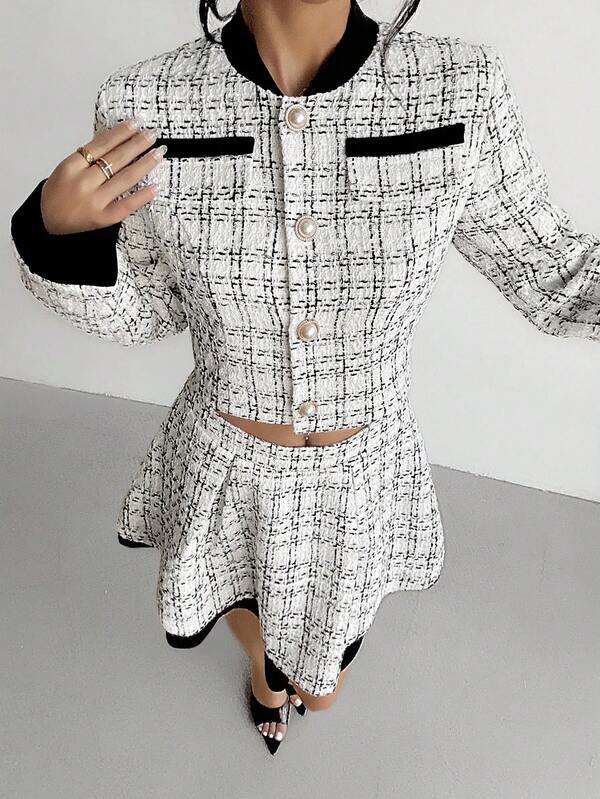 SHEIN 2pcs/Set Teen Girl Tweed Long Sleeve Top And Mini Skirt Fashionable Outfit