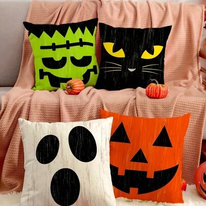 1/4 Vỏ gối trang trí tiệc Halloween phong cách cổ điển, Vỏ gối biểu cảm nhân vật - In họa tiết ma, bí ngô, mèo đen, 18x18 inch | Khóa kéo | Chất liệu polyester | Trang trí ghế sofa, phòng ngủ và phòng khách, Dùng để trang trí Halloween, đồ dùng tiệc tùng và trang trí nhà cửa. Không có vật liệu nhồi