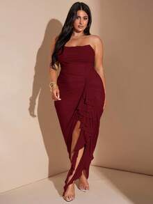 SHEIN BAE Gaun Jala Burgundy Elegan Ukuran Plus untuk Wanita, Gaun Koktail Musim Dingin dengan Belahan Ruffle, Cocok untuk Kencan, Pernikahan, Pesta, Wisuda, dan Liburan. - Burgundy - View 3