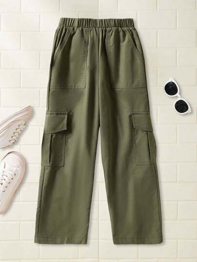 SHEIN Explorewe Calça casual plissada com vários bolsos e cintura elástica para meninas