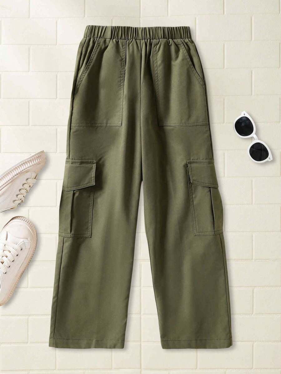 SHEIN Explorewe Calça casual plissada com vários bolsos e cintura elástica para meninas