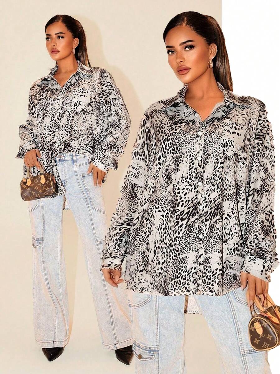 SHEIN Unity Autumn New Vintage French Style Distressed Leopard Print Loose Long Sleeve Women Shirt - Multicolor - View 1