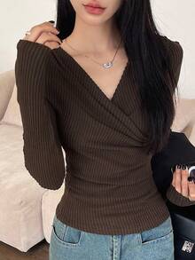 DAZY Women's Warm Fleece Crossed T-Shirt, Fall Clothes Long Sleeve Women Tops, Thermal Lined,Winter