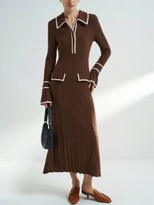 Airaco Deep Brown Commuter Open-Ended Pocket Decorated Knit Midi Dress, Autumn/Winter - Brown - View 4