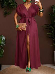 Veslaya Plus Size Summer Vacation Casual Solid Color Front Button Long Dress - Burgundy - View 11