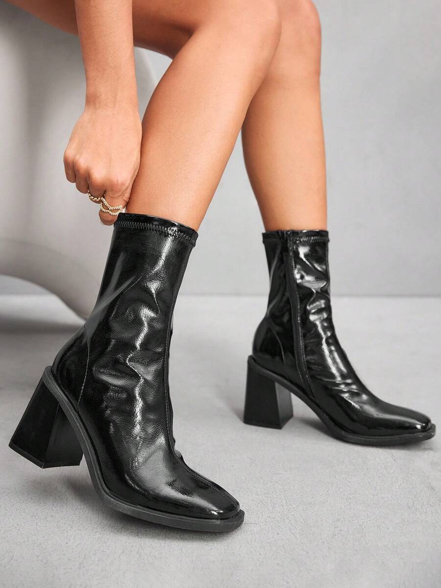 CUCCOO SZL 女式时尚黑色舒适粗跟方头踝靴 - 黑色 - 查看 1