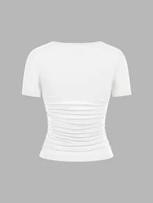SHEIN EZwear 4 件套休闲纯色百搭方领短袖 T 恤，适合秋夏季，加大码 - 彩色 - 查看 4