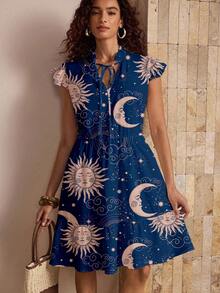 Shutterstock Glamance 女士时尚太阳和月亮印花中长连衣裙，秋季印花连衣裙夏季连衣裙太阳和天体连衣裙太阳和月亮连衣裙 - 彩色 - 查看 3